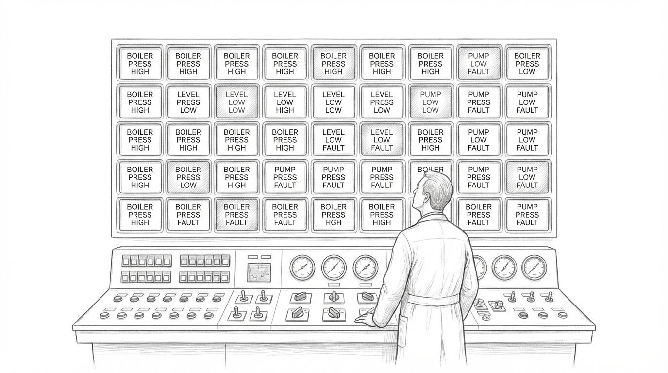Annunciátor panel villogó riasztásjelző lámpákkal egy ipari vezérlőteremben