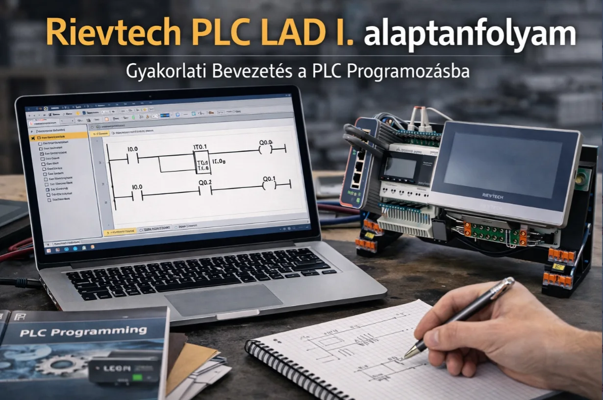 Rievtech PLC LAD tanfolyam: létradiagram a laptop képernyőjén, PLC oktatóeszköz és jegyzetelés