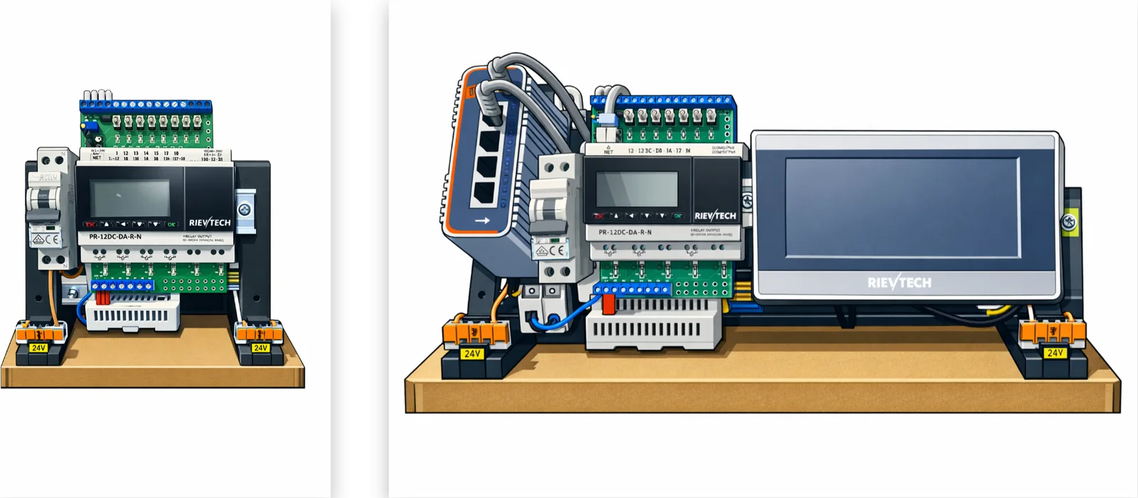 Két Rievtech Ethernet oktatócsomag: PLC I/O teszterrel, illetve PLC és érintőképernyős HMI közös tartókonzolon