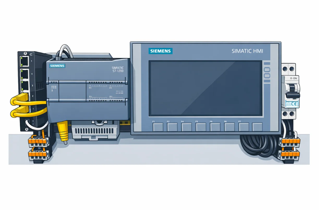 Siemens S7-1200 CPU 1214C PLC és KTP700 Basic HMI oktatócsomag Ethernet switch-csel, tápegységgel és tartókonzollal.