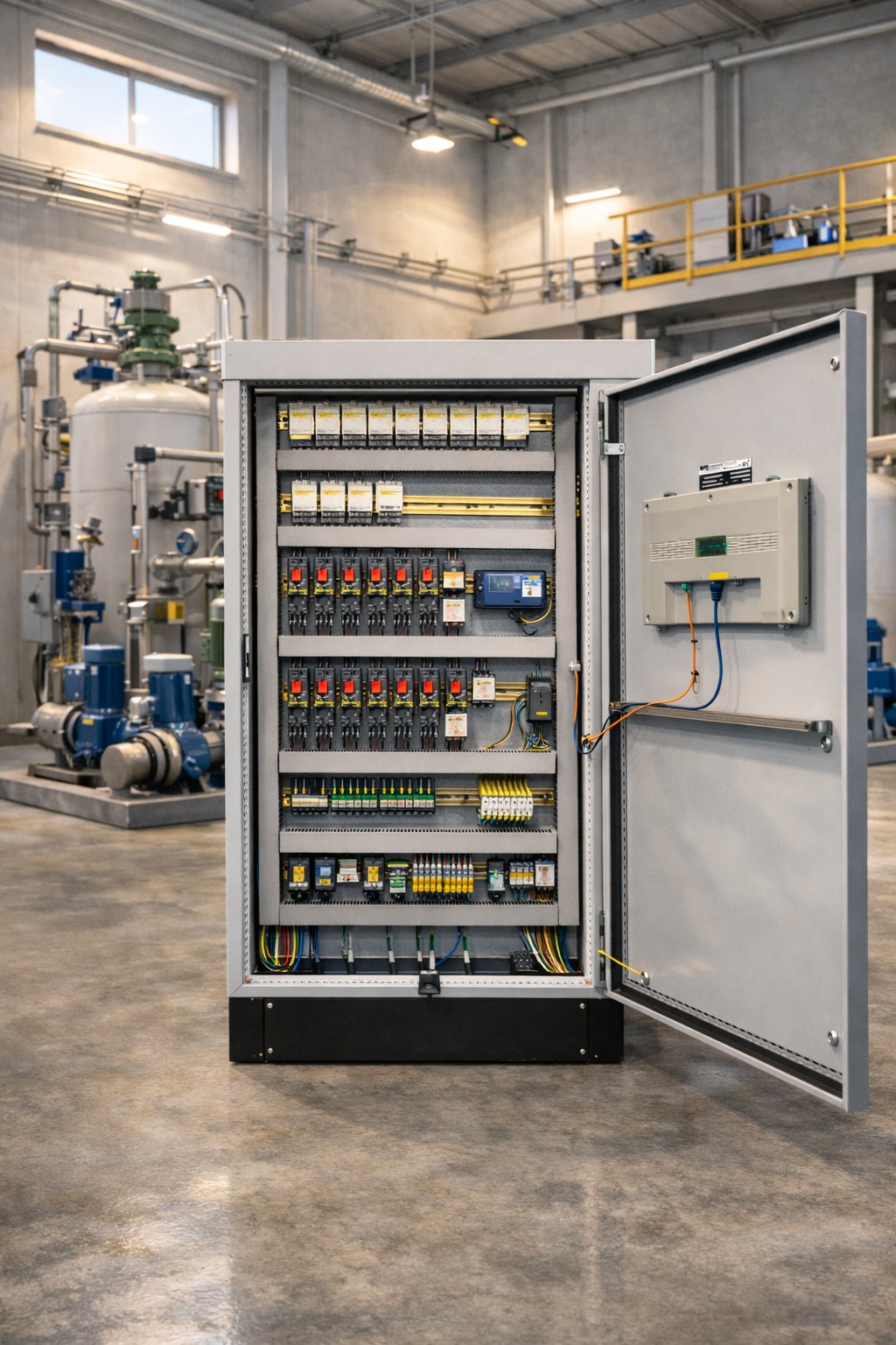 Szennyvíztisztító vezérlőszekrény – Rittal VX25, Rievtech PLC, ipari automatizálás